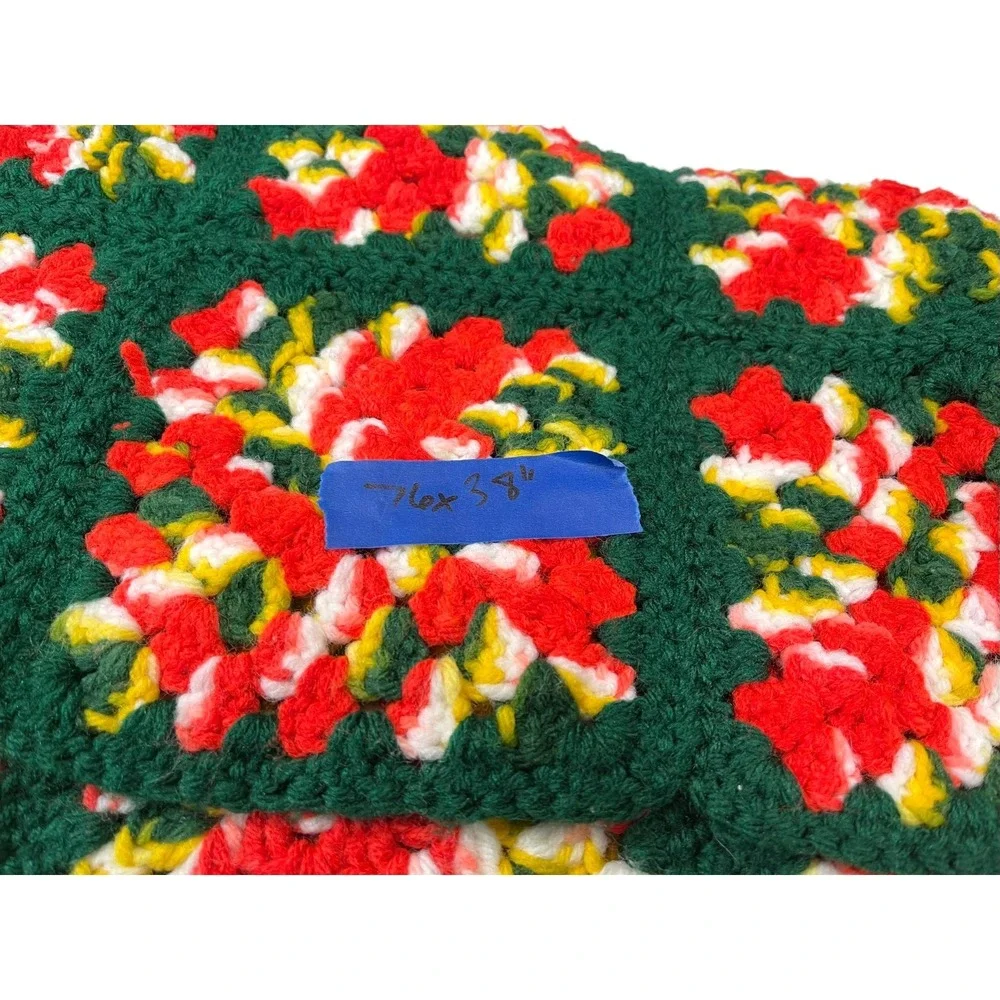 76x38 Green Red Crochet Granny Square Afghan Blanket Vintage Cottagecore Retro